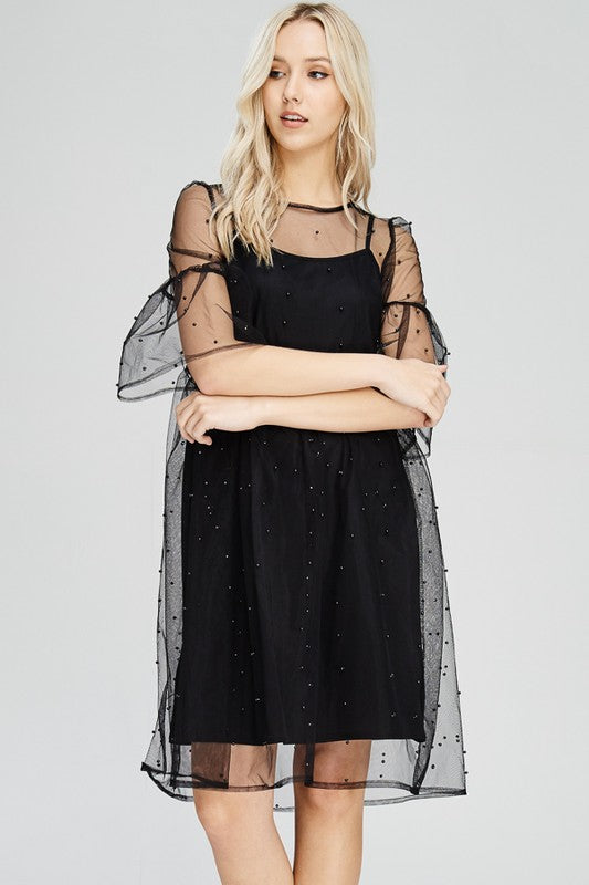 Pearl Embellished Sheer Mesh Dress - Chic Couture 