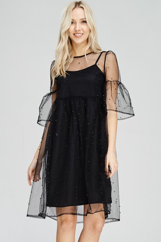 Pearl Embellished Sheer Mesh Dress - Chic Couture 