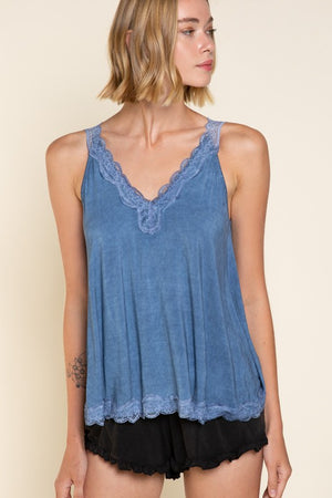 Lace Trim Halter Top with Back Strap
